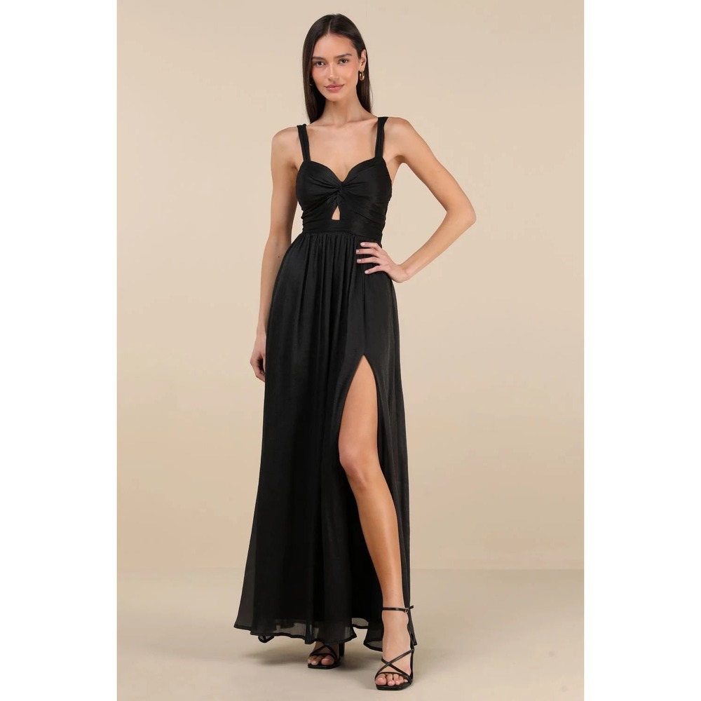 Lulu's Black Twist-Front Maxi Dress with High Slit